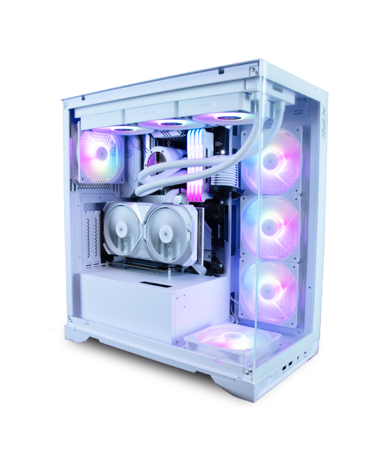 Weißes Gehäuse mit einer offenen Seite mit weißen Komponenten und RGB-Beleuchtung
