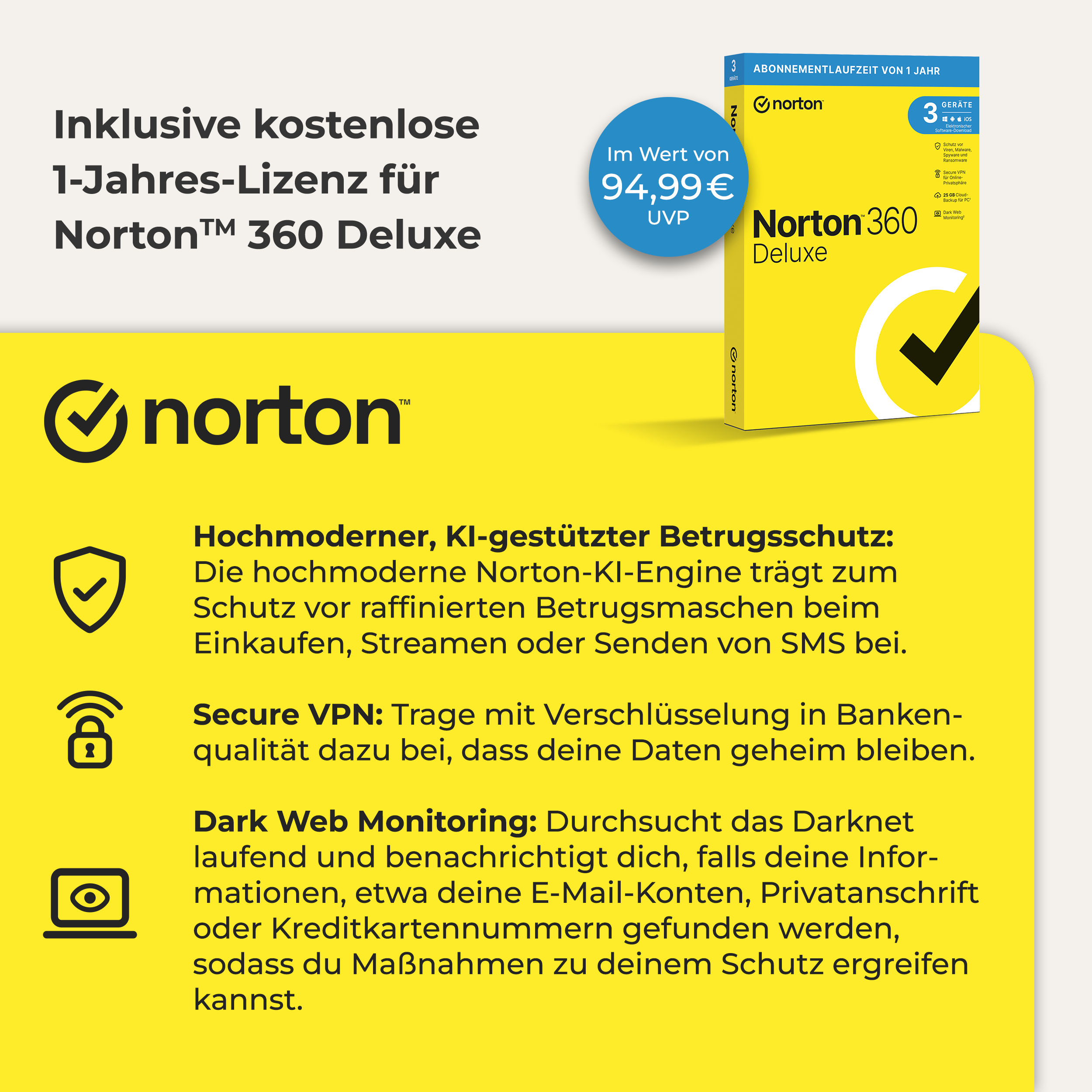 NortonLifeLock 360 Deluxe 25GB, 1 Jahr, 3 Geräte, Bild 3 (07.04.2026)